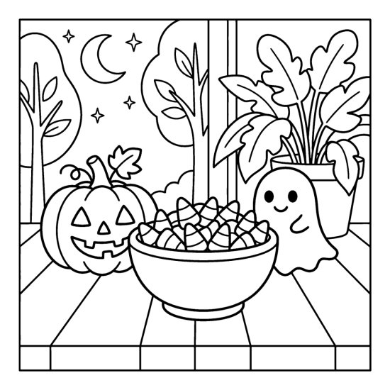 A bowl piled with candy corn beside a tiny ghost and a pumpkin, coloring sheet