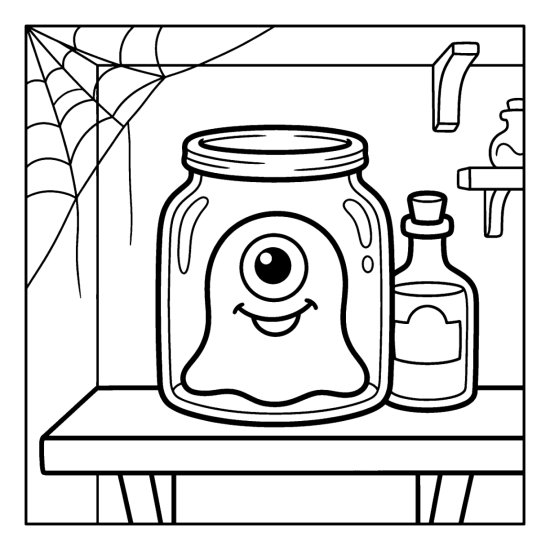 A one eyed blob monster sitting inside a glass jar with a potion bottle, bold and easy