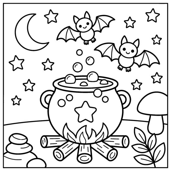 A bubbling cauldron over logs with two bats and stars in the night sky, coloring page