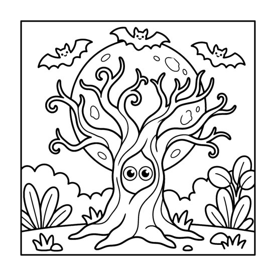 A twisty bare tree with friendly eyes in its hollow and bats above, coloring sheet