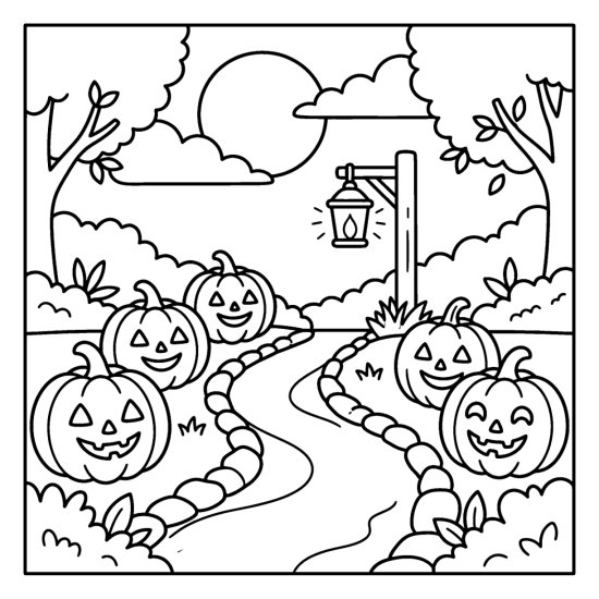 A row of carved pumpkins lining a path with a lantern and full moon, coloring page