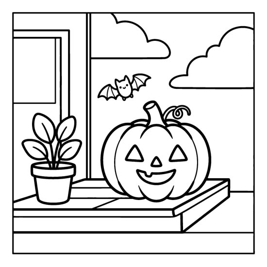 A smiling jack o lantern on a porch step with a tiny bat and a potted plant, coloring sheet