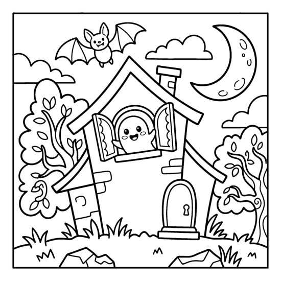 A cute ghost peeking from the window of a crooked haunted house with a bat, bold and easy