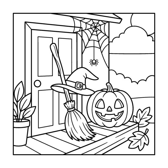 A witch broom with a pointed hat by a door with a pumpkin and spider, coloring page