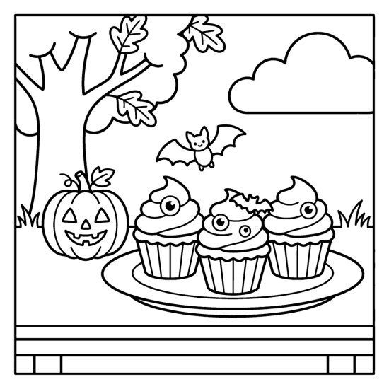 Three Halloween cupcakes with candy eyes on a plate with a bat and pumpkin, coloring sheet
