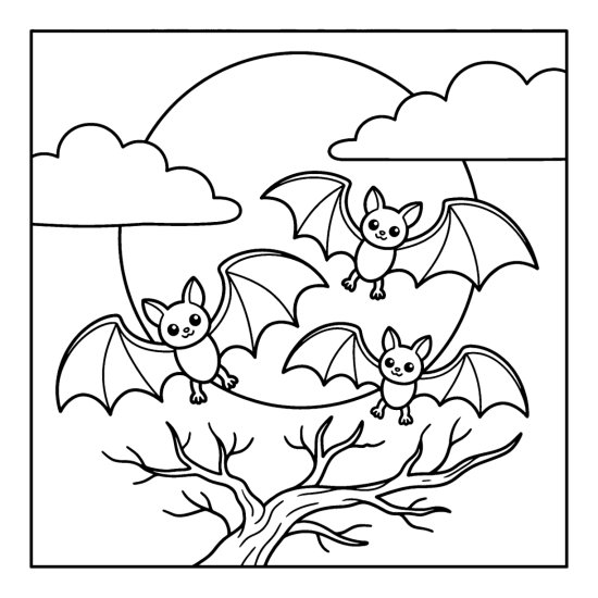 A cluster of cute bats flying across a big full moon with clouds, coloring page