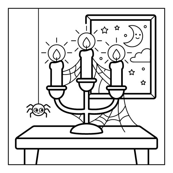 A three armed candelabra with candles and cobwebs and a dangling spider, bold and easy