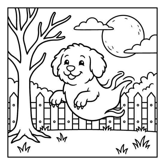 A ghost shaped like a floating dog drifting through a yard with a fence and moon, coloring sheet