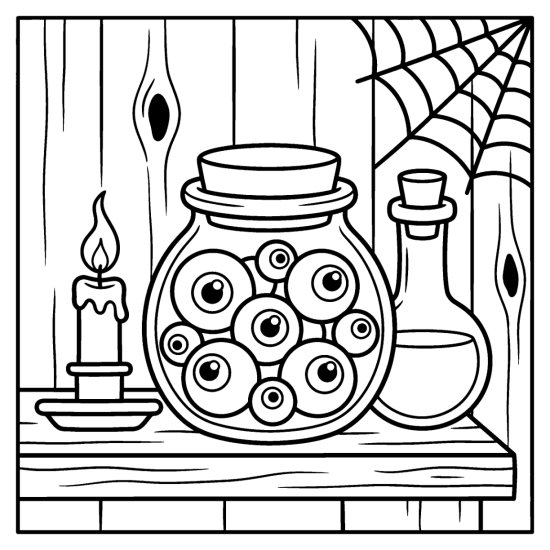 A jar of cartoon eyeballs on a shelf beside a potion bottle and candle, coloring page