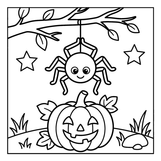 A spider dangling on a thread above a smiling carved pumpkin with stars, coloring sheet