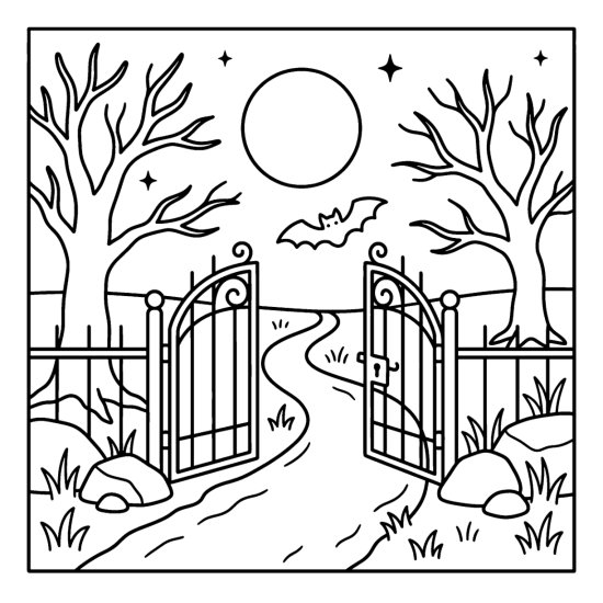An open iron gate to a path lined with bare trees under a full moon, coloring page