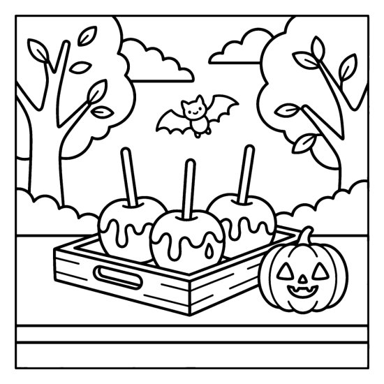 Three candy apples on sticks on a tray with a bat and a pumpkin, bold and easy