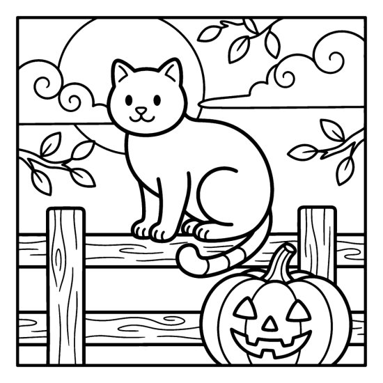 A cute cat sitting on a fence beside a carved pumpkin under a full moon, coloring page