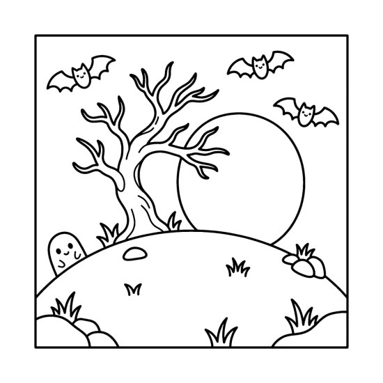 A big full moon over a hill with a bare tree, bats and a tiny ghost, coloring sheet