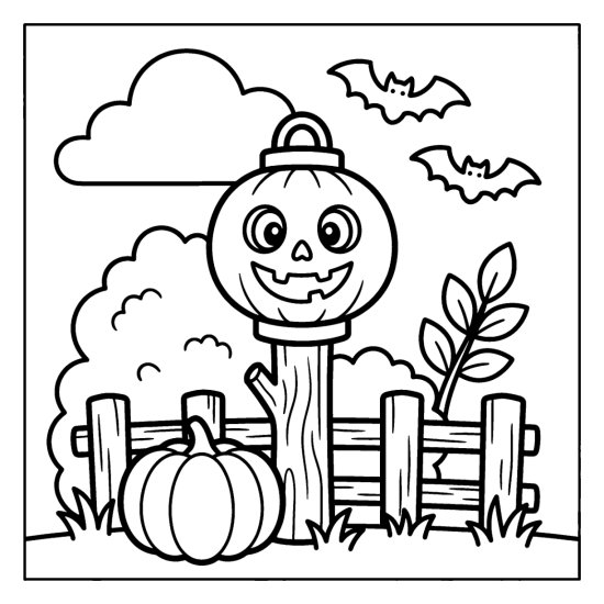 A skull shaped lantern on a post with two bats and a pumpkin by a fence, coloring page