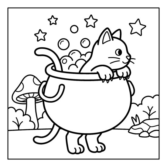 A cute cat peeking over the rim of a bubbling cauldron with stars, coloring sheet