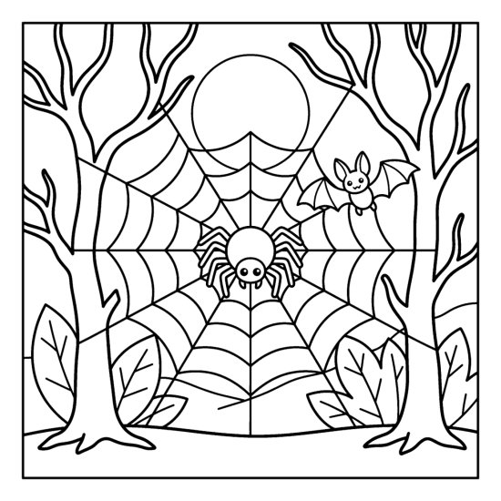 A large spider web strung between two bare trees with a spider and bat, coloring page