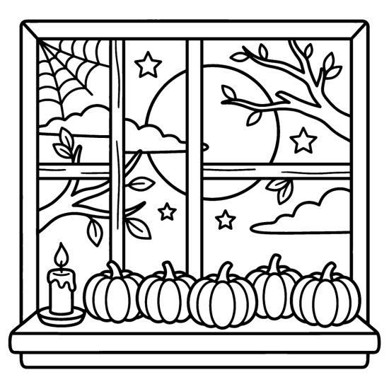 A row of mini pumpkins on a windowsill with a cobweb, candle and full moon, bold and easy