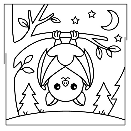 A cute bat hanging upside down from a branch with stars and a crescent moon, bold and easy