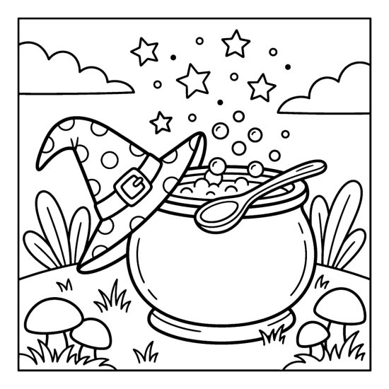 bold and easy spooky cute coloring pages with a witch hat leaning on a bubbling cauldron and stars, coloring page