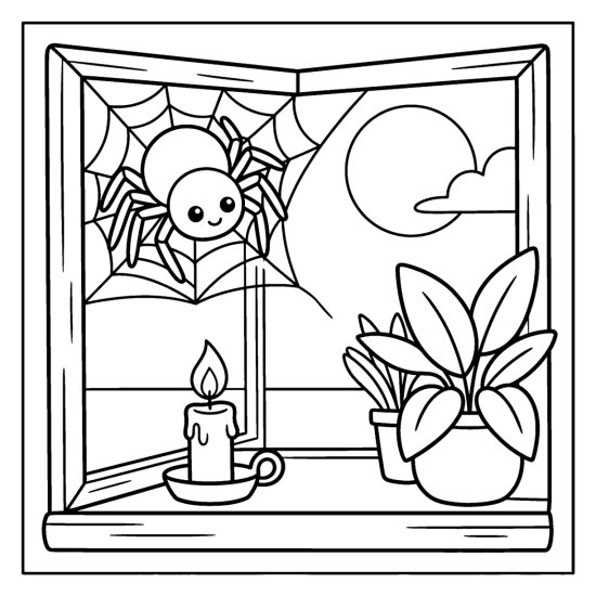 A round spider on a web in a window corner with a moon and candle, coloring sheet