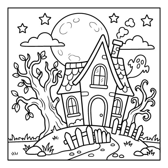 A crooked haunted house on a hill with a ghost, fence and full moon, coloring page