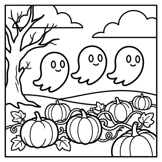 Three little ghosts floating above a pumpkin patch with a bare tree, coloring sheet