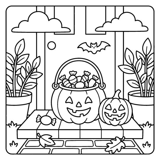 A pumpkin shaped candy bucket full of candy with a bat and jack o lantern, bold and easy