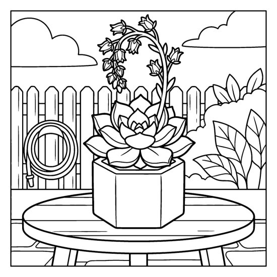 Blooming echeveria rosette sending up a tall arching flower stalk in a hexagonal pot, coloring page