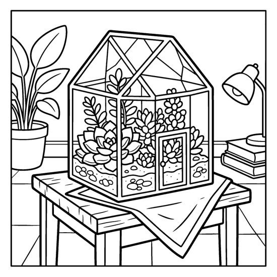 Faceted glass terrarium shaped like a little house holding tiny succulents and sand, coloring sheet