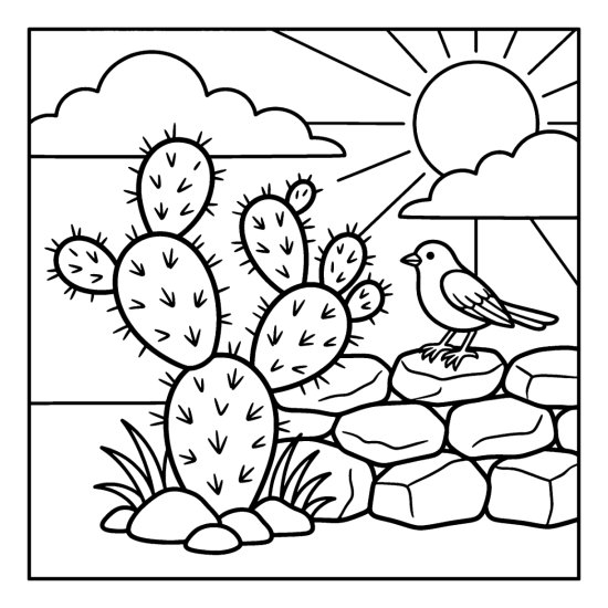 Prickly pear cactus with flat rounded pads by a rock wall with a perched bird, bold and easy