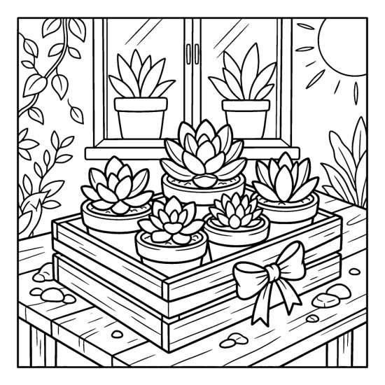 Assorted potted succulents grouped in a wooden crate tied with a ribbon, coloring page