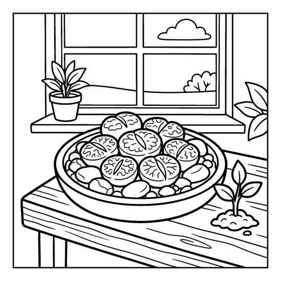 Cluster of round lithops living stones in a shallow dish with pebbles, bold and easy