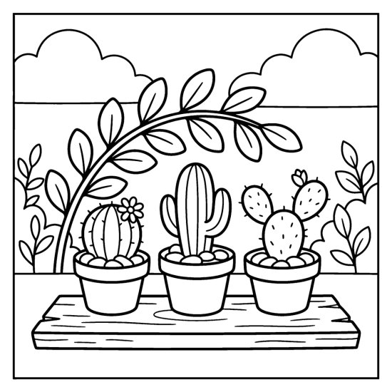 Three different cacti in small pots lined up on a wooden plank with pebbles, bold and easy