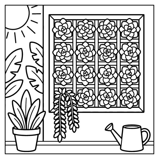 Vertical wall planter holding rows of small rosette succulents in a neat grid, coloring page