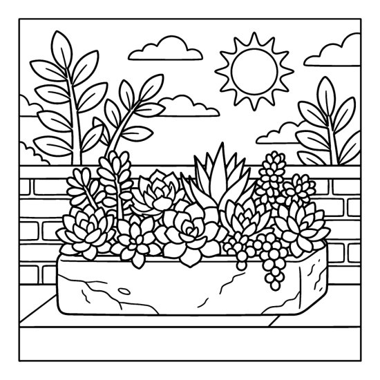 Long stone trough packed with many small succulents on a sunny patio ledge, bold and easy