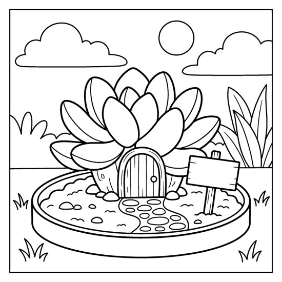 Tiny arched fairy door at the base of a chunky succulent with a stone path, bold and easy