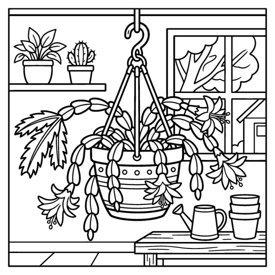 Christmas cactus with arching segmented stems and trumpet flowers in a hanging pot, coloring sheet