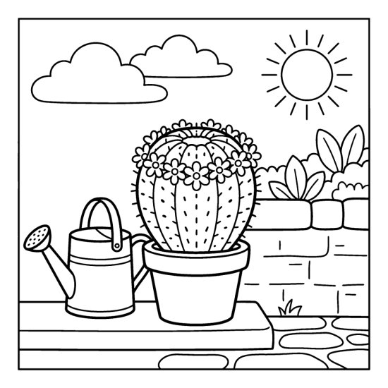 Potted mammillaria cactus ringed with little open flowers on a sunny doorstep, bold and easy