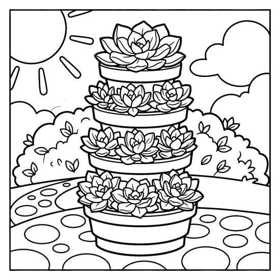 Tiered succulent tower planter with rosettes on each level on a patio, coloring sheet