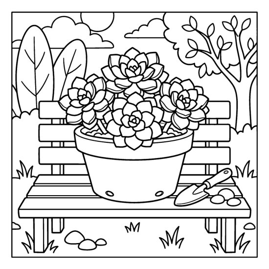 Cluster of echeveria rosettes in a wide pot on a garden bench with a trowel, bold and easy