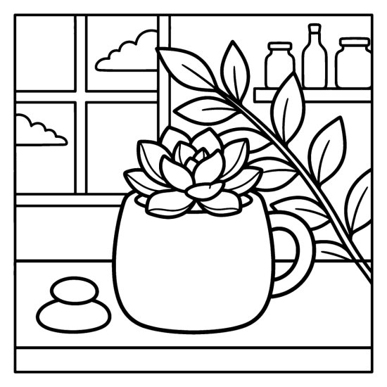 Rosette succulent planted in a chunky plain mug on a kitchen ledge with pebbles, page to color