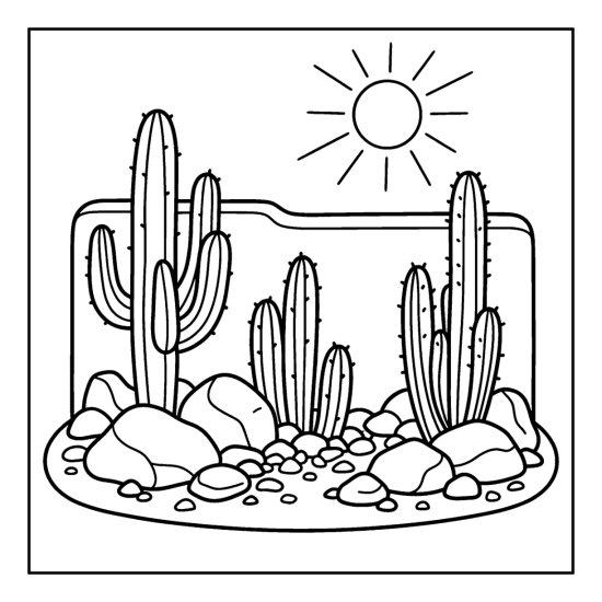 Xeriscape bed of columnar cacti rising from gravel and boulders by an adobe wall, bold and easy