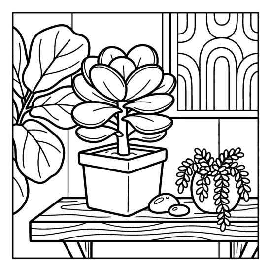 Paddle plant with flat round stacked leaves in a square pot on a shelf, bold and easy