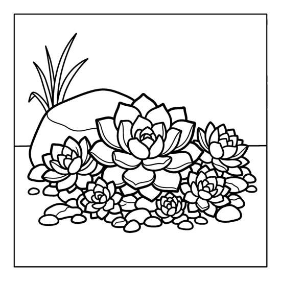 Cluster of hens and chicks rosettes with offsets spreading across small rocks, printable