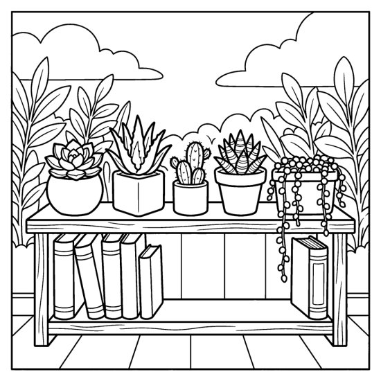 Small potted succulents arranged along a low bookshelf among plain books, bold and easy
