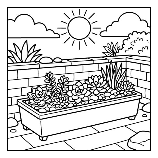 Long rectangular trough planter filled with a row of assorted succulents and pebbles, coloring page