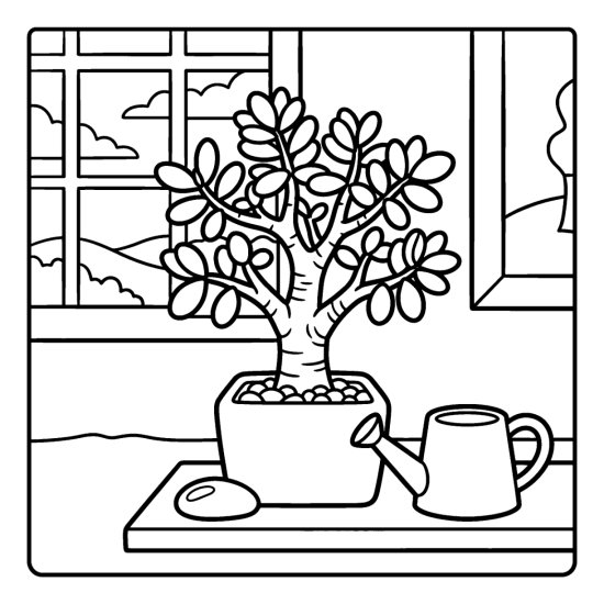 Jade plant shaped like a small tree with rounded leaves in a square pot on a shelf, coloring sheet