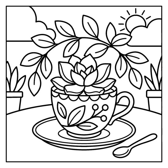 Rosette succulent planted in a vintage teacup on a saucer with a tiny spoon, bold and easy