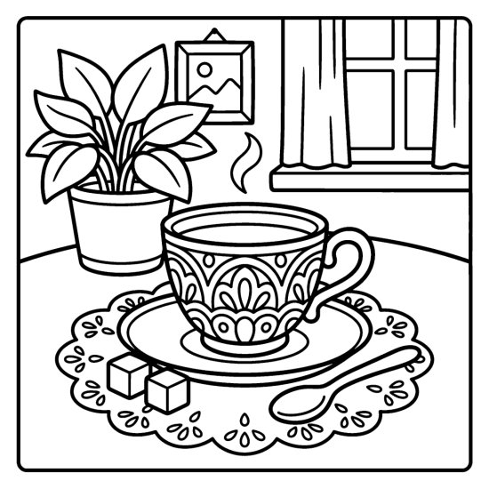 An ornate patterned teacup on a saucer with a spoon and sugar cubes on a doily, coloring page